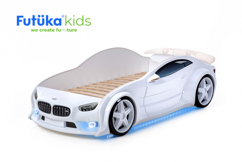 Dětská postel auto Futuka kids EVO MOTOR + LED světlomety + Spodní světlo + Spojler BÍLÁ
